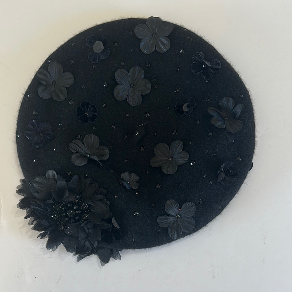 Kokin NYC Black Floral beaded Beret